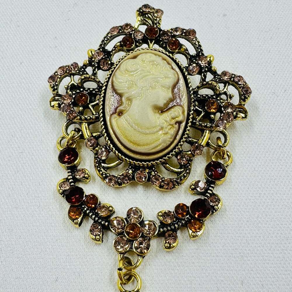 Victorian Revival Cameo Rhinestone Dangle Brooch Gold Tone Amber Crystal Pin